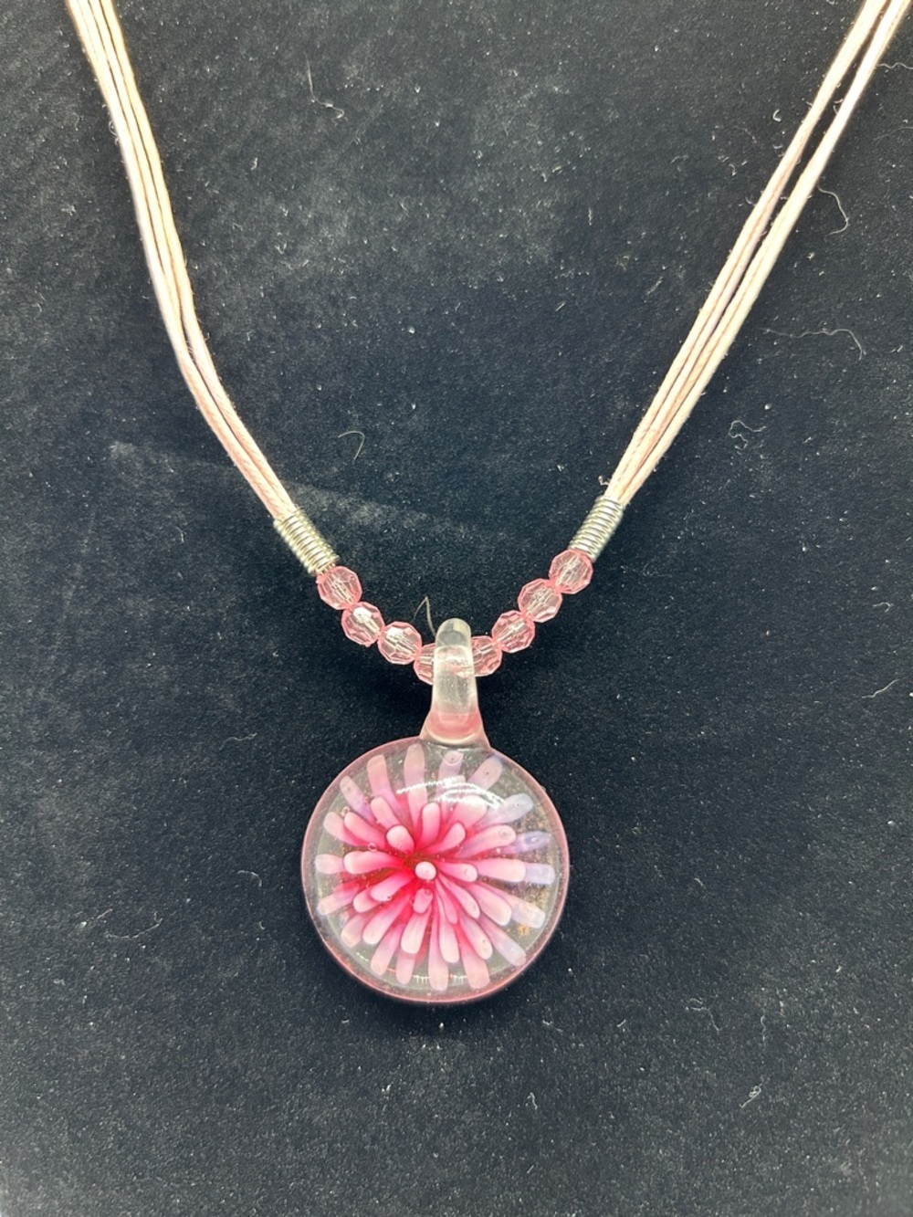 Handmade Pink Flower Glass Pendant Necklace